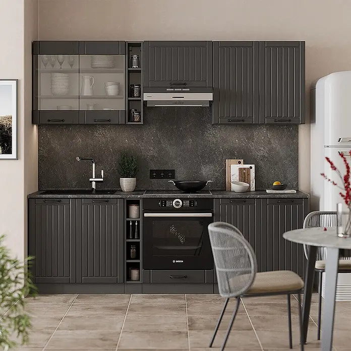 Vicco Küchenzeile Fame-Line Dunkelgrau, AP Eiche - Breite: 235 cm, Dunkelgrau, Ohne Elektrogeräte - Moderne dunkelgraue Küche mit gerillten Schränken, schwarzer Arbeitsplatte, integrierten Geräten und Oberschrank mit Glasfront.