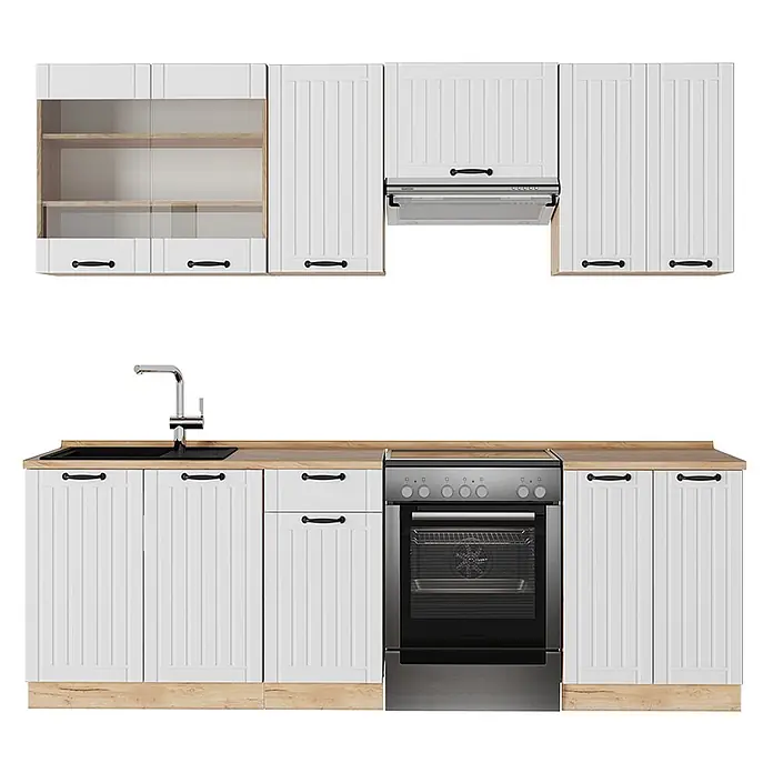 Vicco Küchenzeile Fame-Line Weiß Landhaus, AP Eiche - Weiß Landhaus, Ohne Elektrogeräte - Weiße Küchenzeile mit Holzplatten, schwarzen Griffen, Spüle, Dunstabzugshaube und Backofen.