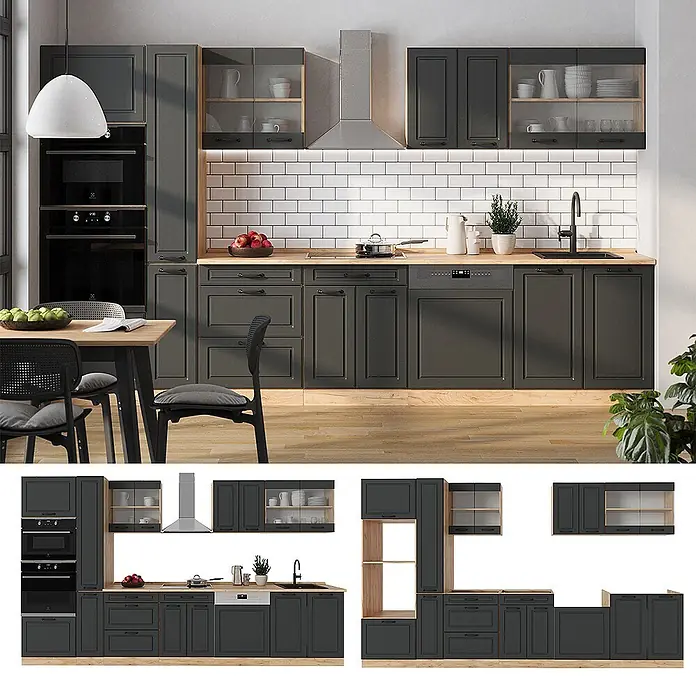 Vicco Küchenzeile R-Line Anthrazit Landhaus/Goldkraft Eiche ohne Arbeitsplatte - Anthrazit Landhaus, Ohne Elektrogeräte - Moderne dunkelgraue Küchenschränke mit Holz-Arbeitsplatten und Einbaugeräten in stilvoller Umgebung.