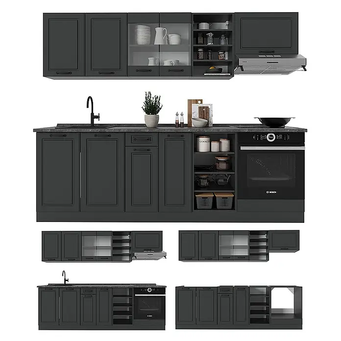Vicco Küchenzeile R-Line Anthrazit Landhaus/Anthrazit ohne Arbeitsplatte - Anthrazit Landhaus, Ohne Elektrogeräte - Modulares dunkelgraues Küchenschrank-Set mit Spüle, Backofen und integrierter Dunstabzugshaube.