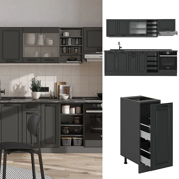 Vicco Küchenzeile R-Line Anthrazit Landhaus/Anthrazit ohne Arbeitsplatte - Anthrazit Landhaus, Ohne Elektrogeräte - Moderne dunkelgraue Küchenschränke mit Glastüren, offenen Regalen und integriertem Ofen, dargestellt in einer Küche und als Module.