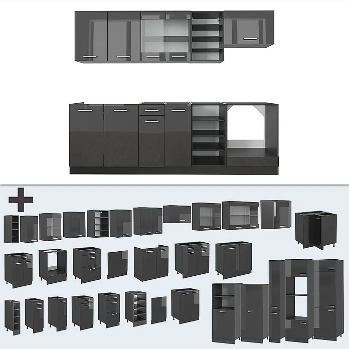 Vicco Küchenzeile R-Line Anthrazit Hochglanz/Anthrazit, AP Eiche - Anthrazit Hochglanz, Ohne Elektrogeräte - Modulares Küchenschranksystem in Dunkelgrau mit Glanzfronten und teilweise Glastüren, als Set und Einzelteile dargestellt.
