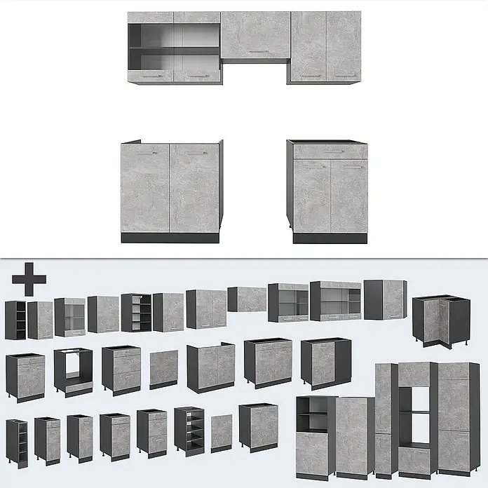 Vicco Küchenzeile R-Line Beton/Anthrazit ohne Arbeitsplatte - Beton, Ohne Elektrogeräte - Graue modulare Küchenschränke in Betonoptik, passend für verschiedene Küchenkonfigurationen.