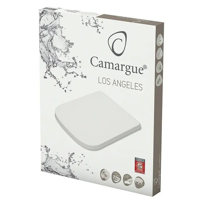 Camargue Los Angeles WC-Sitz - Duroplast, Weiß, Mit Absenkautomatik - Verpackung des Camargue Los Angeles WC-Sitzes mit dem Produktbild und den Produkteigenschaften.
