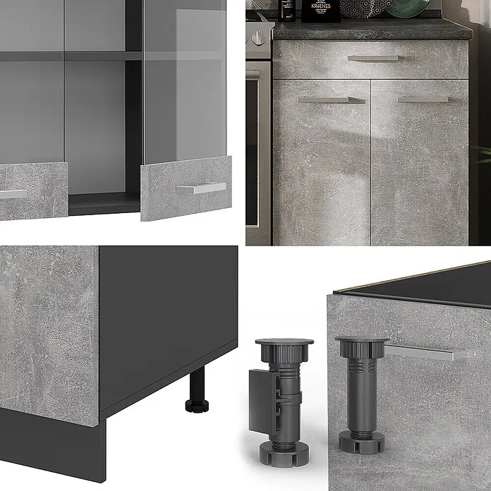 Vicco Küchenzeile R-Line Beton/Anthrazit ohne Arbeitsplatte - Beton, Ohne Elektrogeräte - Modulare Küchenschränke in Betonoptik Grau mit schwarzen Elementen und verstellbaren Füßen für individuelle Gestaltung.