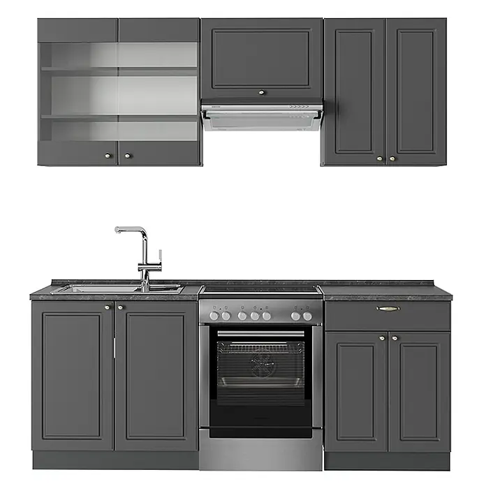 Vicco Küchenzeile Fame-Line Anthrazit-Gold Landhaus, AP Anthrazit - Breite: 200 cm, Anthrazit-Gold Landhaus, Ohne Elektrogeräte - Dunkelgraue Modulküche mit Oberschränken (teilweise Glas), Spüle und integriertem Herd.