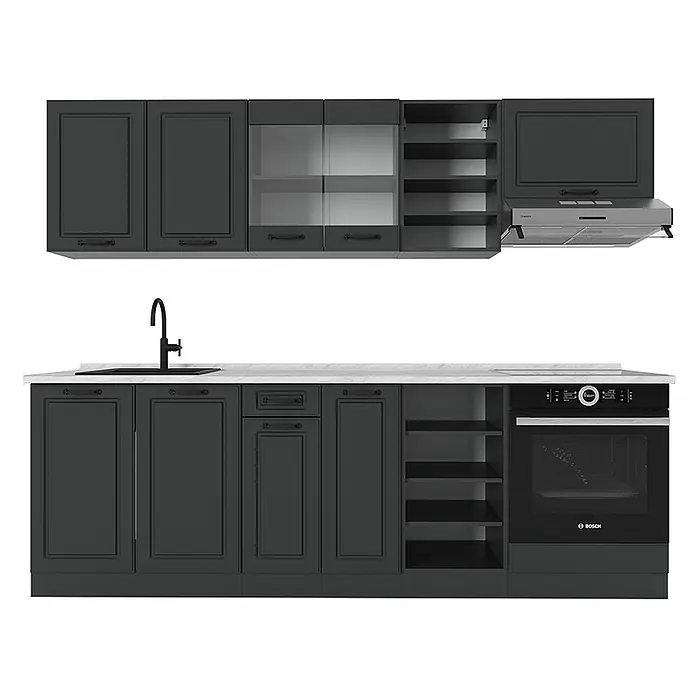 Vicco Küchenzeile R-Line Anthrazit Landhaus/Anthrazit, AP Marmor - Breite: 240 cm, Anthrazit Landhaus, Ohne Elektrogeräte - Dunkelgraue modulare Küche mit weißer Arbeitsplatte, Spüle, Armatur, Einbaubackofen und Dunstabzugshaube. Mit Kassettentüren und offenen Regalen.