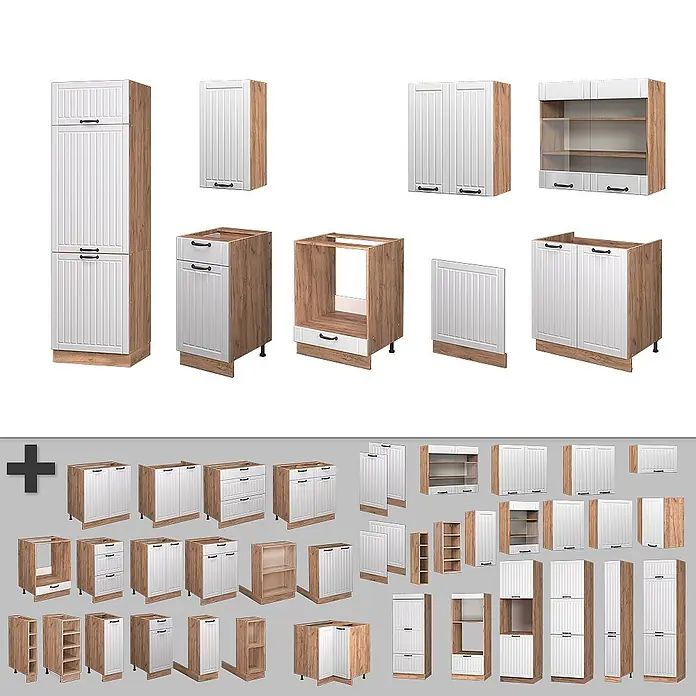 Vicco Küchenzeile Fame-Line Weiß Landhaus, AP Anthrazit - Breite: 300 cm, Weiß Landhaus, Ohne Elektrogeräte - Modulare Küchenschränke: weiße Paneeltüren, helle Holzoptikrahmen und schwarze Griffe, in verschiedenen Konfigurationen dargestellt.
