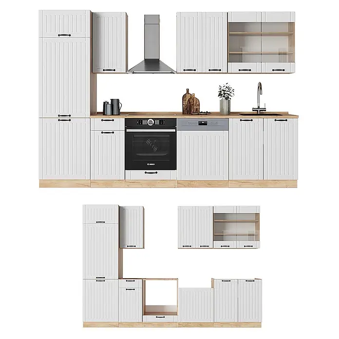 Vicco Küchenzeile Fame-Line Weiß Landhaus, AP Anthrazit - Breite: 300 cm, Weiß Landhaus, Ohne Elektrogeräte - Weißes Küchenschrank-Set mit Paneel-Fronten, Holzarbeitsplatten und schwarzen Griffen, inkl. integriertem Backofen, Geschirrspüler und Spüle.