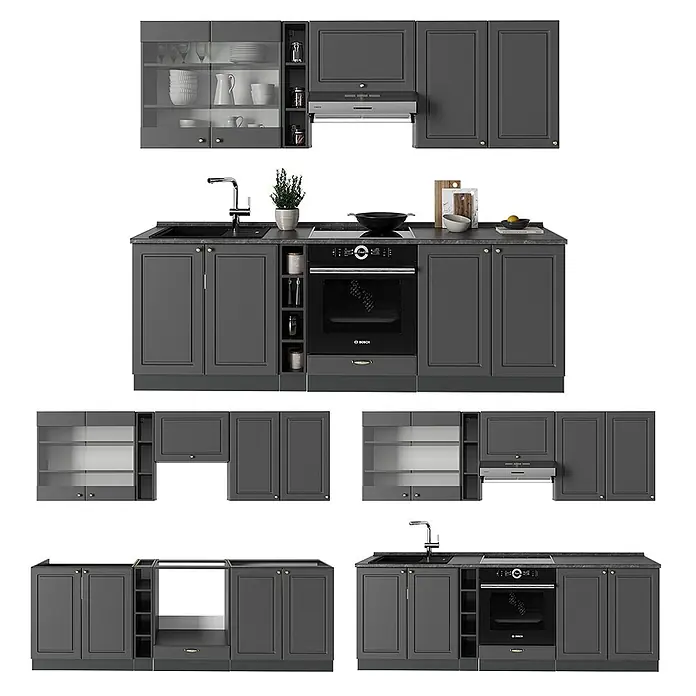 Vicco Küchenzeile Fame-Line Anthrazit-Gold Landhaus, AP Anthrazit - Breite: 235 cm, Anthrazit-Gold Landhaus, Ohne Elektrogeräte - Dunkelgraues modulares Küchenschranksystem mit integriertem Backofen, Kochfeld, Spüle und Dunstabzugshaube, in verschiedenen Konfigurationen dargestellt.