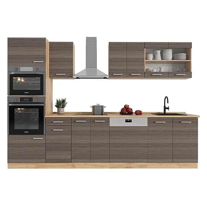 Vicco Küchenzeile R-Line Edelgrau/Goldkraft Eiche mit Hochschrank, AP Eiche - Breite: 300 cm, Edelgrau, Ohne Elektrogeräte - Moderne Küche mit dunklen Holzmaserungsschränken, heller Arbeitsplatte und Sockelleisten, integrierten Öfen, Kochfeld, Geschirrspüler und Spüle.