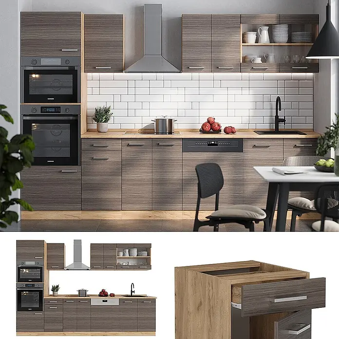 Vicco Küchenzeile R-Line Edelgrau/Goldkraft Eiche mit Hochschrank, AP Eiche - Breite: 300 cm, Edelgrau, Ohne Elektrogeräte - Moderne Küche in dunkler Holzoptik mit hellen Arbeitsplatten und integrierten Geräten wie Öfen und Geschirrspüler.