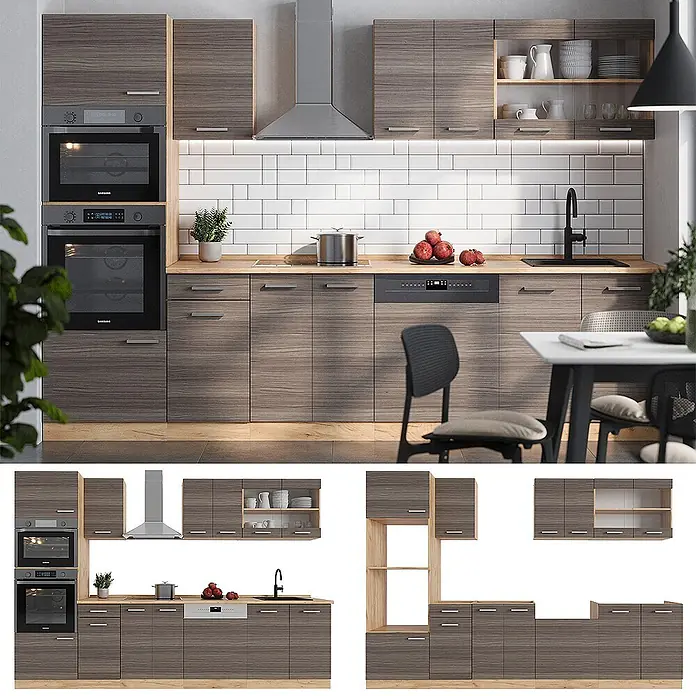 Vicco Küchenzeile R-Line Edelgrau/Goldkraft Eiche mit Hochschrank, AP Eiche - Breite: 300 cm, Edelgrau, Ohne Elektrogeräte - Moderne Küche mit dunklen Holzschränken und hellen Arbeitsplatten, ausgestattet mit integrierten Öfen und Geräten.