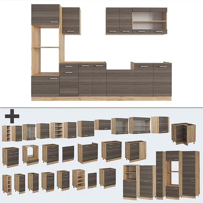 Vicco Küchenzeile R-Line Edelgrau/Goldkraft Eiche mit Hochschrank, AP Eiche - Breite: 300 cm, Edelgrau, Ohne Elektrogeräte - Modulares Küchenschrank-Set in dunkler Holzmaserung und hellem Holz, inklusive Unter-, Ober- und Hochschränken.
