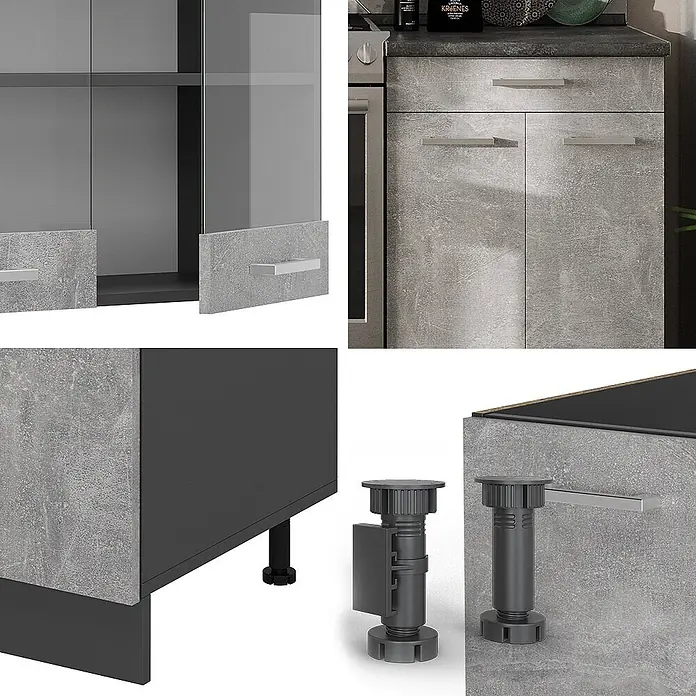 Küchenzeile R-Line 200 cm Beton Art.-Nr. 53830 -  - Moderne Küchenschränke in Betonoptik mit dunkelgrauem Korpus, silbernen Griffen und verstellbaren Füßen.