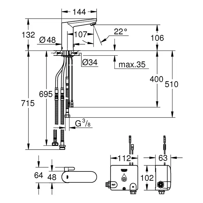 Grohe Eurosmart Waschtischarmatur mit Stromgenerator - Infrarot-Elektronik, Chrom, Glänzend - Technische Zeichnung eines Wasserhahns mit verschiedenen Maßangaben zu Höhe, Breite und Durchmesser.