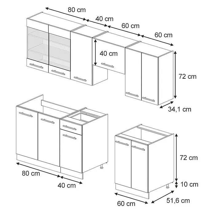 Vicco Küchenzeile Fame-Line Goldkraft Eiche ohne Arbeitsplatte - Goldkraft Eiche, Ohne Elektrogeräte - Modulare Küchenschrankgarnitur mit L-förmiger Konfiguration, inklusive Wand- und Unterschränken mit Maßen.