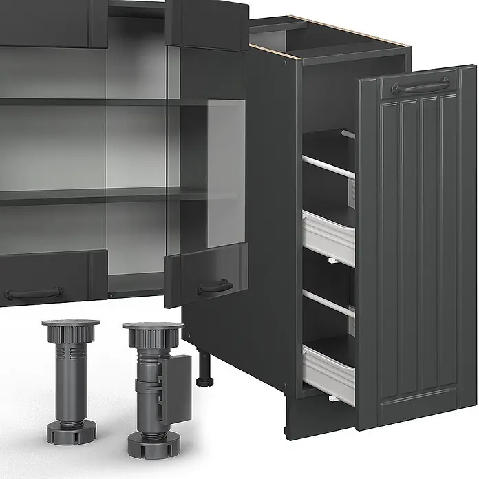 Vicco Küchenzeile Fame-Line Dunkelgrau, AP Anthrazit - Breite: 280 cm, Dunkelgrau, Ohne Elektrogeräte - Dunkelgraue modulare Küchenschrankkomponenten: Hängeschrank mit Glastüren, Unterschrank mit Auszug und verstellbare Füße.