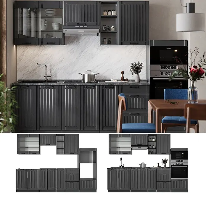 Vicco Küchenzeile Fame-Line Dunkelgrau, AP Anthrazit - Breite: 280 cm, Dunkelgrau, Ohne Elektrogeräte - Dunkelgraue Küchenschränke mit geriffelten Türen, Spüle, Kochfeld und integriertem Ofen in modernem Küchendesign.