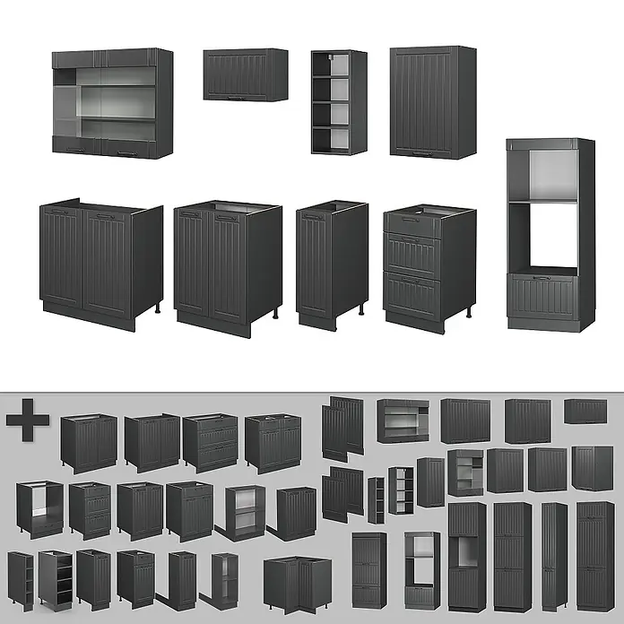 Vicco Küchenzeile Fame-Line Dunkelgrau, AP Anthrazit - Breite: 280 cm, Dunkelgrau, Ohne Elektrogeräte - Sortiment dunkelgrauer modularer Küchenschränke, darunter Wand-, Unterschränke und Hochschränke mit Türen und Schubladen.