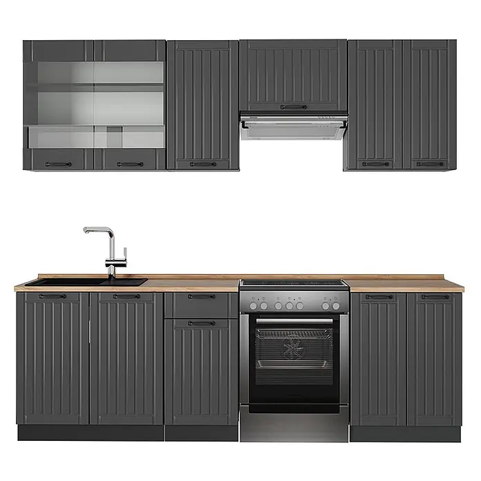 Vicco Küchenzeile Fame-Line Dunkelgrau, AP Eiche - Dunkelgrau, Ohne Elektrogeräte - Dunkelgraue Küchenschrank-Set mit heller Holzplatte, Spüle, Ofen und Dunstabzugshaube, mit gerippten Türen und Metallgriffen.