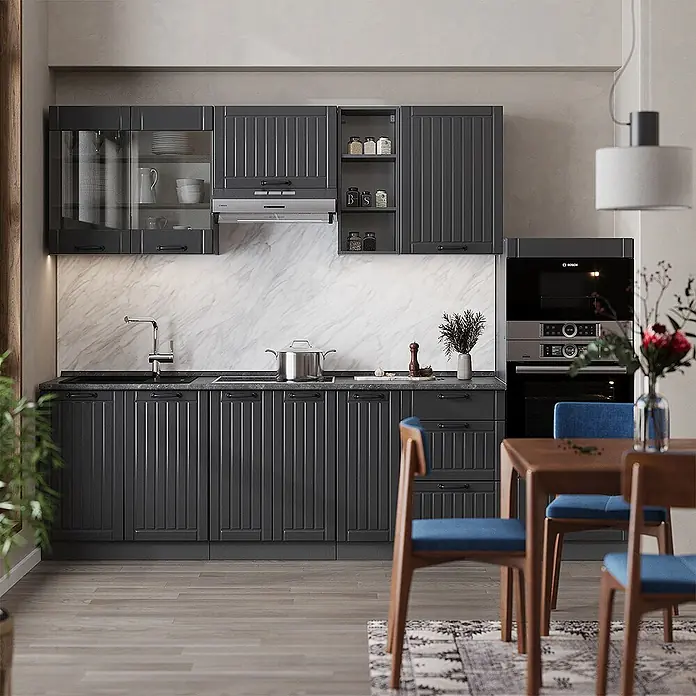 Vicco Küchenzeile Fame-Line Dunkelgrau, AP Anthrazit - Breite: 280 cm, Dunkelgrau, Ohne Elektrogeräte - Dunkelgraue Küchenschränke mit gerilltem Design, integriert in eine moderne Küche mit Marmorrückwand und Essbereich.