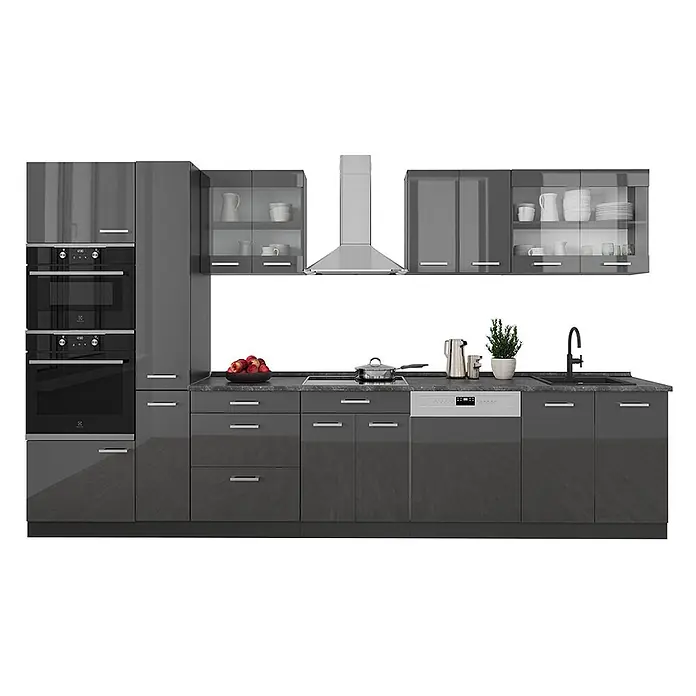 Vicco Küchenzeile R-Line Anthrazit Hochglanz/Anthrazit, AP Anthrazit - Anthrazit Hochglanz, Ohne Elektrogeräte - Moderne, glänzende dunkelgraue Küche mit integrierten schwarzen Öfen, Kochfeld, Spüle, Geschirrspüler und Schränken mit Dunstabzugshaube.