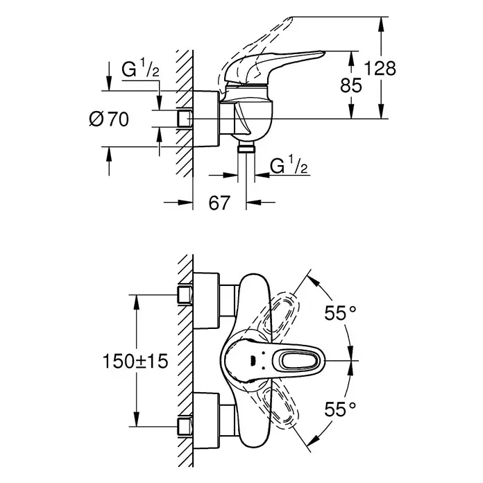 Grohe Eurostyle Brausearmatur - Weiß, Glänzend - Technische Zeichnung einer Badezimmerarmatur mit Maßen, inklusive Höhe, Durchmesser und Winkel für die Installation.