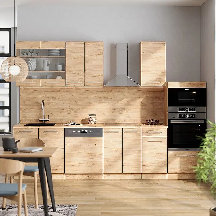 Vicco Küchenzeile Fame-Line Goldkraft Eiche mit Hochschrank, ohne Arbeitsplatte - Goldkraft Eiche, Ohne Elektrogeräte - Moderne Küche mit hellen Holzmaserungsschränken und passender Arbeitsplatte, inklusive integrierter Edelstahlgeräte.