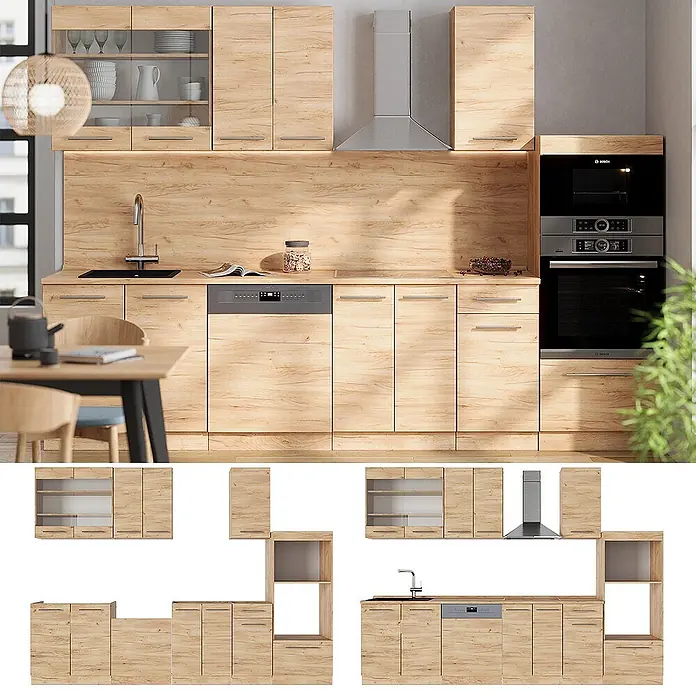 Vicco Küchenzeile Fame-Line Goldkraft Eiche mit Hochschrank, ohne Arbeitsplatte - Goldkraft Eiche, Ohne Elektrogeräte - Moderne Küche mit hellen Holzimitat-Schränken, integrierter Spüle, Geschirrspüler, Backofen, Mikrowelle und Dunstabzugshaube.