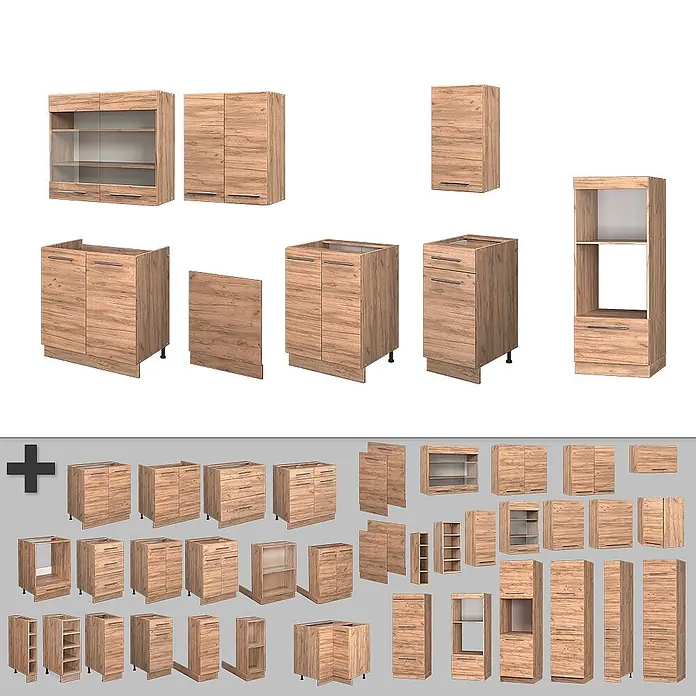 Vicco Küchenzeile Fame-Line Goldkraft Eiche mit Hochschrank, ohne Arbeitsplatte - Goldkraft Eiche, Ohne Elektrogeräte - Set heller Holzoptik-Küchenschränke mit Unter-, Ober- und Hochschränken in verschiedenen Tür- und Schubladenkonfigurationen.