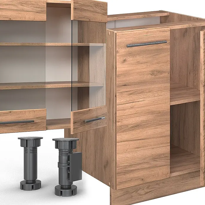 Vicco Küchenzeile Fame-Line Goldkraft Eiche mit Hochschrank, ohne Arbeitsplatte - Goldkraft Eiche, Ohne Elektrogeräte - Heller Holzschrank mit Glastüren, Einlegeböden und grauen verstellbaren Füßen.