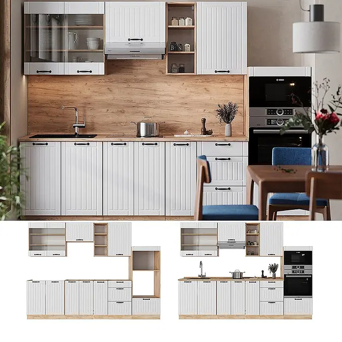 Vicco Küchenzeile Fame-Line Weiß Landhaus ohne Arbeitsplatte - Weiß Landhaus, Ohne Elektrogeräte - Weiße Küchenschränke mit Lattenfronten, Holzarbeitsplatte und integrierten Geräten.