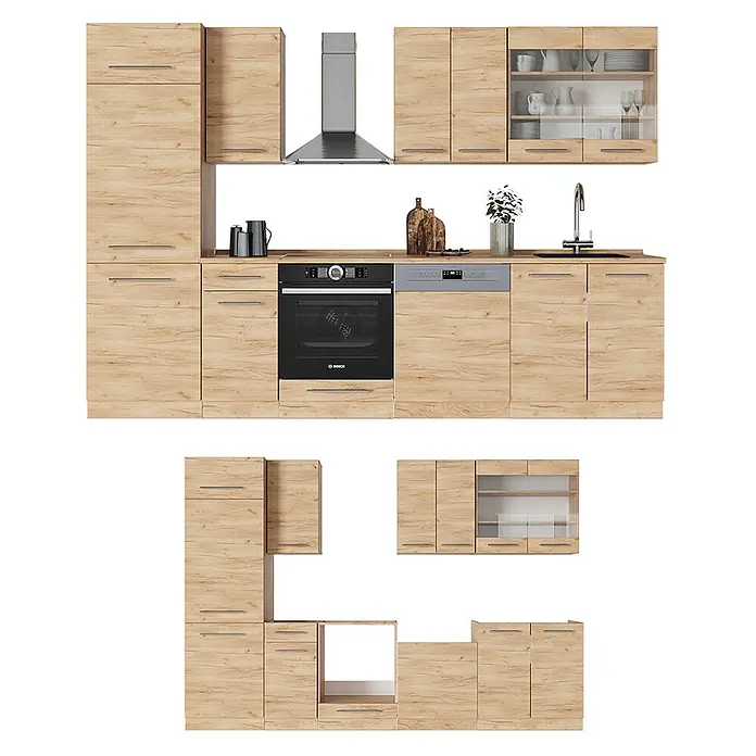Vicco Küchenzeile Fame-Line Goldkraft Eiche ohne Arbeitsplatte - Goldkraft Eiche, Ohne Elektrogeräte - Modulare Küchenschrank-Set in heller Holzoptik, mit Unter- und Oberschränken, einem Hochschrank und integrierten Geräten.
