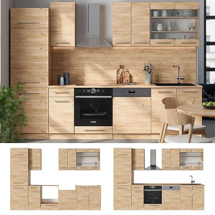 Vicco Küchenzeile Fame-Line Goldkraft Eiche ohne Arbeitsplatte - Goldkraft Eiche, Ohne Elektrogeräte - Modernes Küchensystem mit hellen Holzfronten, integriertem Backofen, Spülmaschine, Spüle und Dunstabzugshaube.