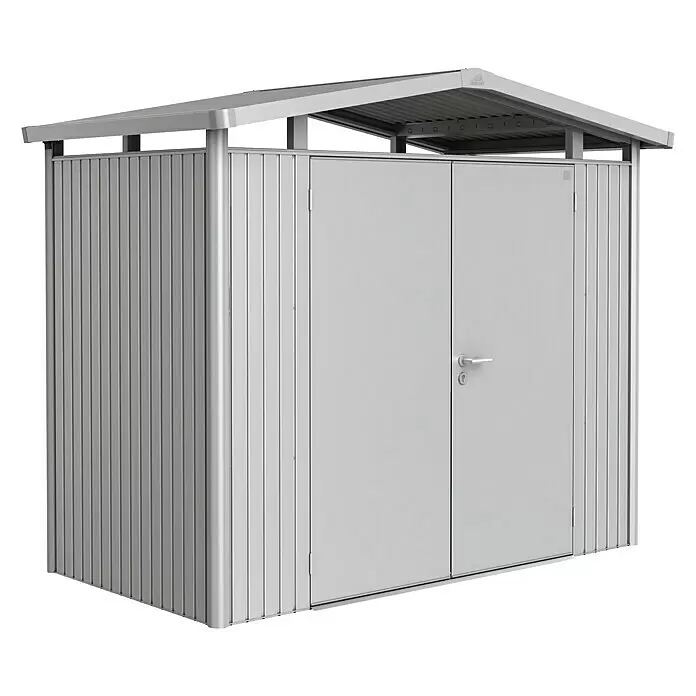Biohort Panorama Gerätehaus Panorama P1 - Außenmaß inkl. Dachüberstand (B x T): 273 x 158 cm, Stahl, Silber Metallic, Doppeltür - Vorderansicht
