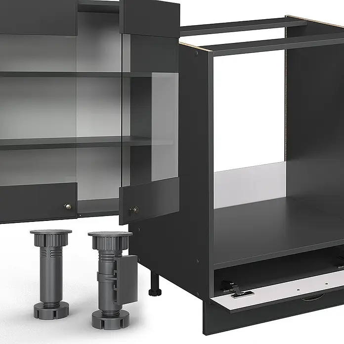 Vicco Küchenzeile Fame-Line Anthrazit-Gold Landhaus, AP Marmor - Breite: 355 cm, Anthrazit-Gold Landhaus, Ohne Elektrogeräte - Modulare dunkelgraue Küchenschrankteile: Oberteil mit Glastüren, Untergestell und verstellbare Füße zur Montage.