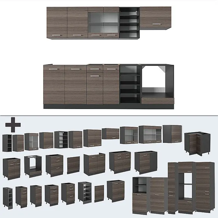 Vicco Küchenzeile R-Line Edelgrau/Anthrazit, AP Marmor - Breite: 240 cm, Edelgrau, Ohne Elektrogeräte - Modulares Küchenschranksystem mit dunkler Holzmaserung und grauen Rahmen, inklusive Ober- und Unterschränken.