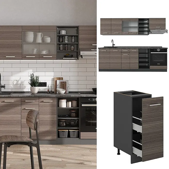 Vicco Küchenzeile R-Line Edelgrau/Anthrazit, AP Marmor - Breite: 240 cm, Edelgrau, Ohne Elektrogeräte - Moderne Küche mit braunen Holzmaserungsschränken, dunkelgrauen Arbeitsplatten und integrierten Geräten.