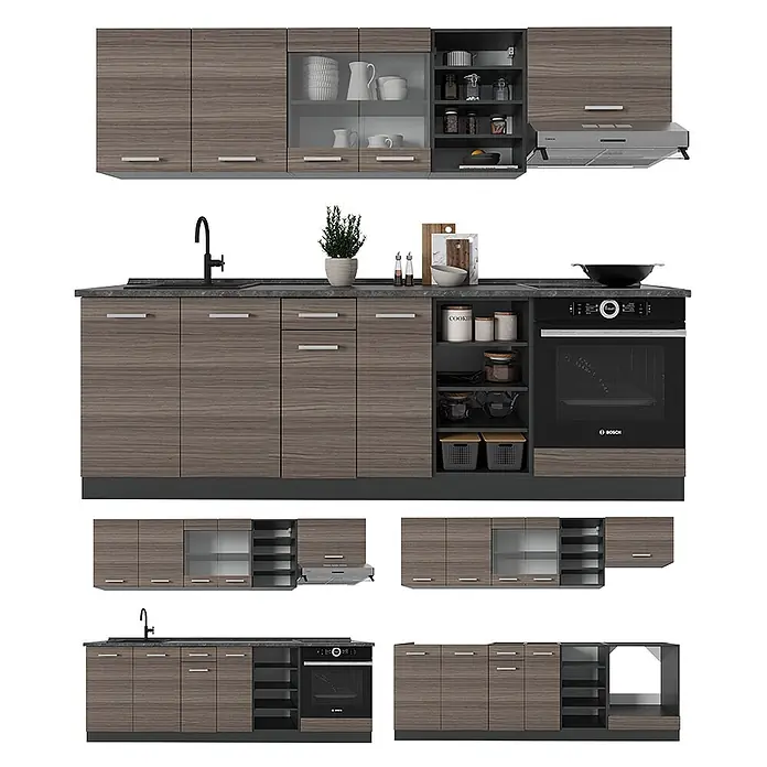 Vicco Küchenzeile R-Line Edelgrau/Anthrazit, AP Marmor - Breite: 240 cm, Edelgrau, Ohne Elektrogeräte - Modernes modulares Küchenset mit dunkelbraunen Holzmaserungsschränken, Arbeitsplatte, Spüle, Ofen und offenen Regalen.