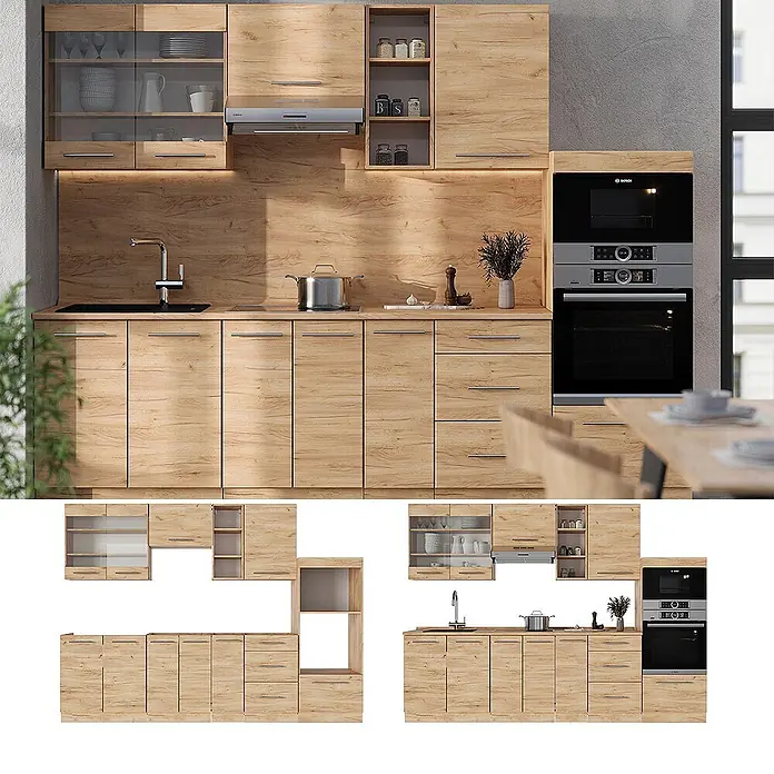 Vicco Küchenzeile Fame-Line Goldkraft Eiche ohne Arbeitsplatte - Goldkraft Eiche, Ohne Elektrogeräte - Küchenset in heller Holzoptik mit Schränken, Schubladen, Spüle und integrierten Geräten, in einem modernen Interieur.