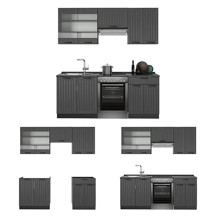 Vicco Küchenzeile Fame-Line Dunkelgrau, AP Eiche - Dunkelgrau, Ohne Elektrogeräte - Modulares dunkelgraues Küchenschrank-Set in verschiedenen Konfigurationen, inkl. Spül- und Backofeneinheiten.