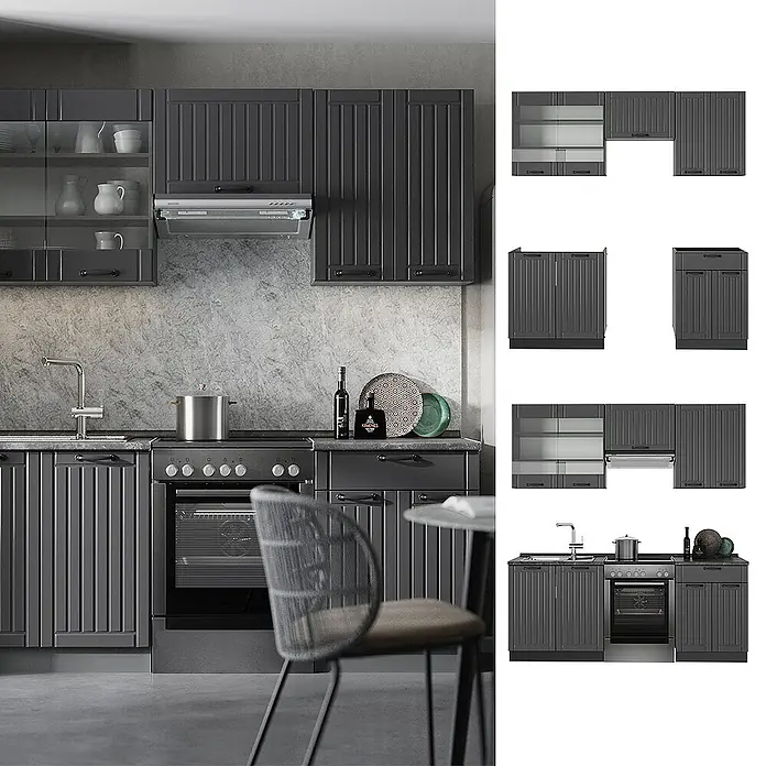 Vicco Küchenzeile Fame-Line Dunkelgrau, AP Eiche - Dunkelgrau, Ohne Elektrogeräte - Dunkelgraues modulares Küchenset mit geriffelten Schranktüren, oberen Schränken mit Glasfront und integrierten Geräten in einer modernen Küche.