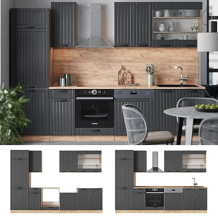 Vicco Küchenzeile Fame-Line Dunkelgrau, AP Anthrazit - Breite: 300 cm, Dunkelgrau, Ohne Elektrogeräte - Moderne Küche mit dunkelgrauen geriffelten Schränken, integrierten Geräten und warmen Holzdetails.