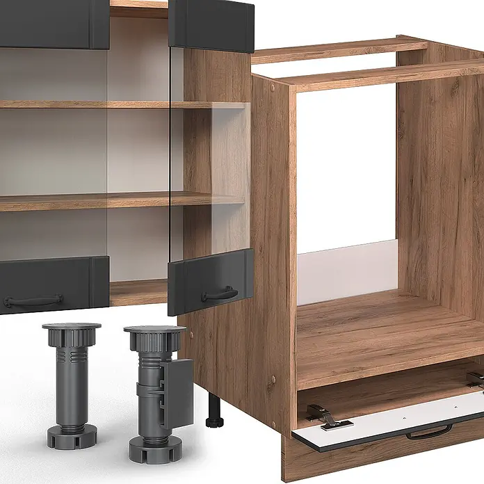 Vicco Küchenzeile Fame-Line Dunkelgrau, AP Anthrazit - Breite: 300 cm, Dunkelgrau, Ohne Elektrogeräte - Küchenschrankelemente in Holzoptik mit dunkelgrauen Glastüren und verstellbaren Füßen.