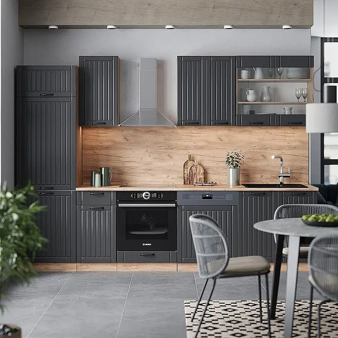 Vicco Küchenzeile Fame-Line Dunkelgrau, AP Anthrazit - Breite: 300 cm, Dunkelgrau, Ohne Elektrogeräte - Moderne dunkelgraue Küche mit integrierten Geräten, Holzrückwand und Spüle, in einem Essbereich.