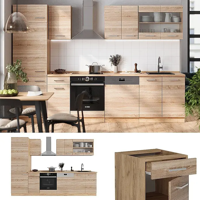Vicco Küchenzeile R-Line Sonoma/Goldkraft Eiche ohne Arbeitsplatte - Sonoma, Ohne Elektrogeräte - Eine moderne Modulküche in heller Holzoptik mit Einbaugeräten, Spüle und Dunstabzugshaube.