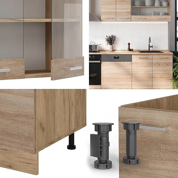 Vicco Küchenzeile R-Line Sonoma/Goldkraft Eiche ohne Arbeitsplatte - Sonoma, Ohne Elektrogeräte - Moderne Küchenschränke in heller Holzoptik mit integrierten Geräten und verstellbaren Nivellierfüßen.