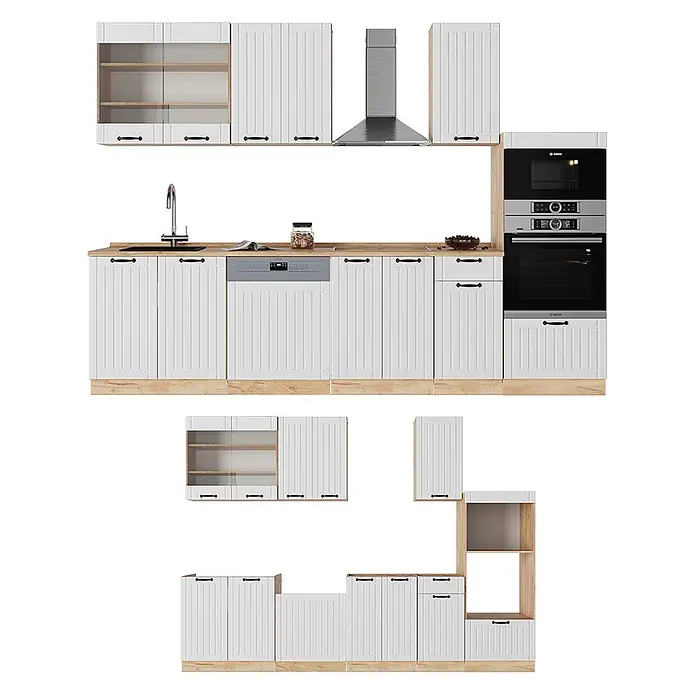 Vicco Küchenzeile Fame-Line Weiß Landhaus mit Hochschrank, AP Marmor - Breite: 300 cm, Weiß Landhaus, Ohne Elektrogeräte - Modulare weiße Küche mit gerillten Fronten, hellen Holzakzenten, integrierter Spüle, Geschirrspüler, Backofen, Mikrowelle und Dunstabzug.