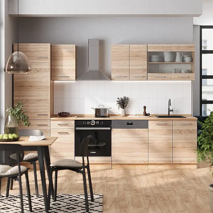 Vicco Küchenzeile R-Line Sonoma/Goldkraft Eiche ohne Arbeitsplatte - Sonoma, Ohne Elektrogeräte - Moderne Küchenmöbel mit hellen Holzmaserungsschränken, dunklen Arbeitsplatten und integrierten Geräten.